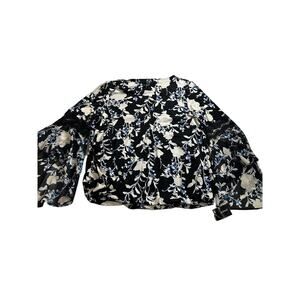 NWT New Women JM Collection L Black Blue Floral Top Blouse 2-layered bell sleeve